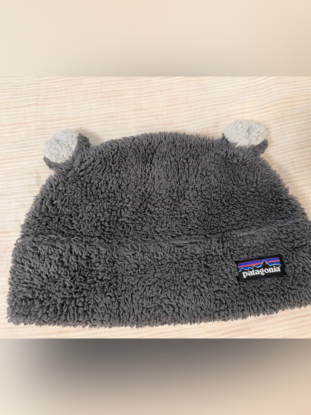 Patagonia Kids Gray Fuzzy Beanie with Ear Pom Details fits 12-24 mo